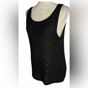 Vintage  Ellen Tracy Loose Knit Tank Top S Black Sequins Sleeveless Roun…